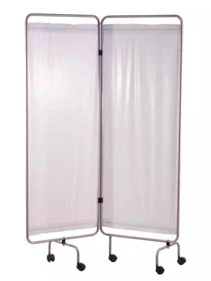 stainless steel Screen with 2 panels and tight white curtains  Holtex