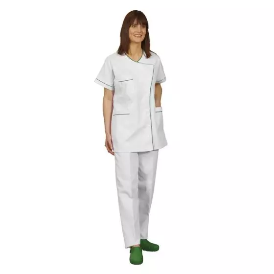 Women's Medical Tunic Taffa white pike with green piping Mulliez